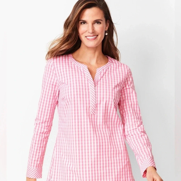 Talbots Gingham Checkered Hot Pink White Long Sleeve Vneck Blouse size S - Picture 9 of 9